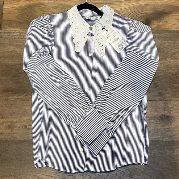 Zara striped shirt eyelet embroidered collar - Picture 3 of 5